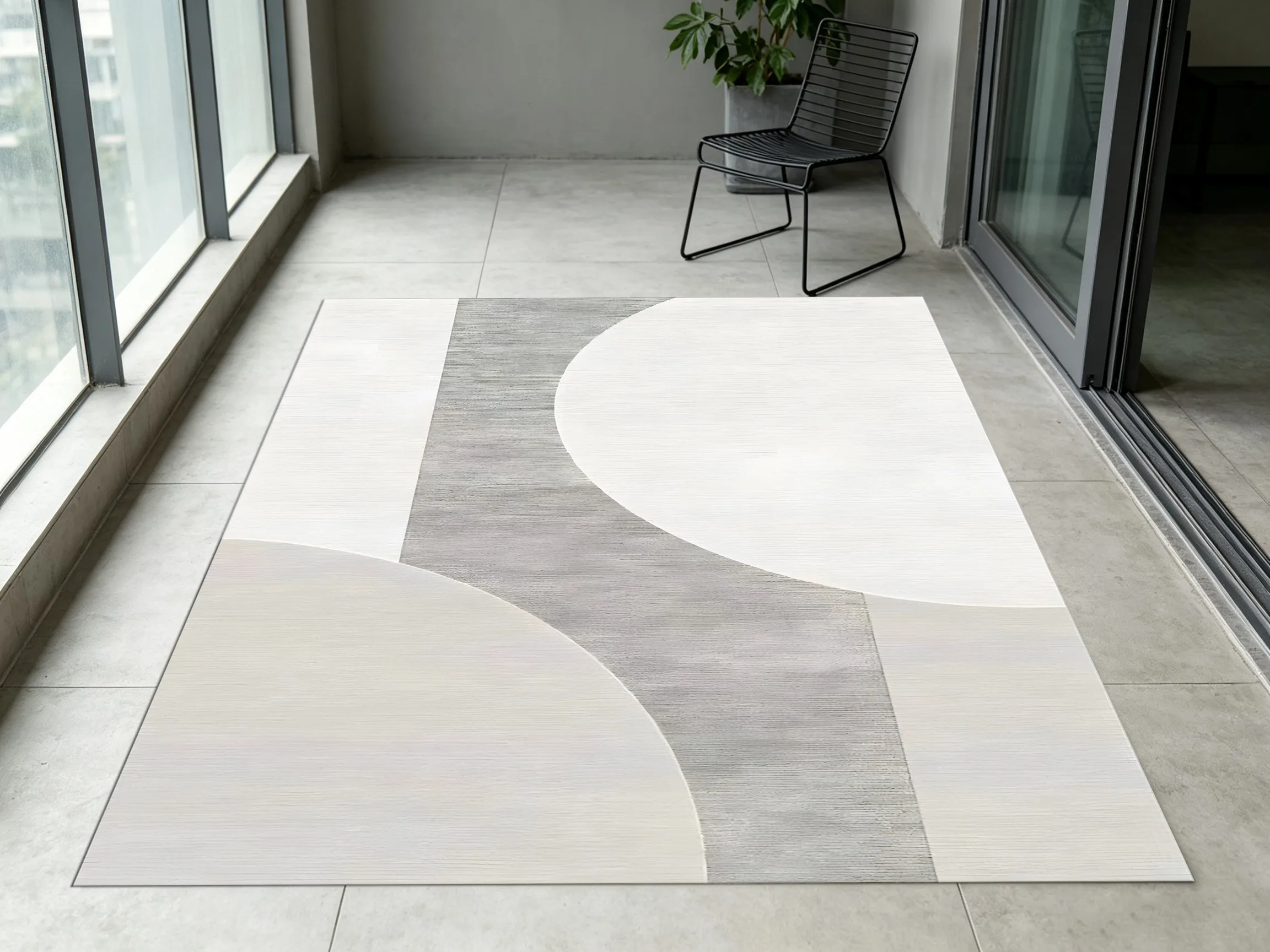 Gray White Curved Geometric Patchwork Velvet Rug, Minimalist Sophisticated Decor for Living Room & Bedroom