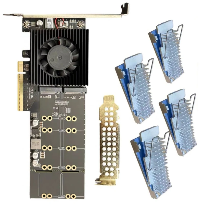 

4 NVMe SSDs Adapters Card PCIe4.0 Support Fast Speed Data Transfer Aluminum Heat Sink