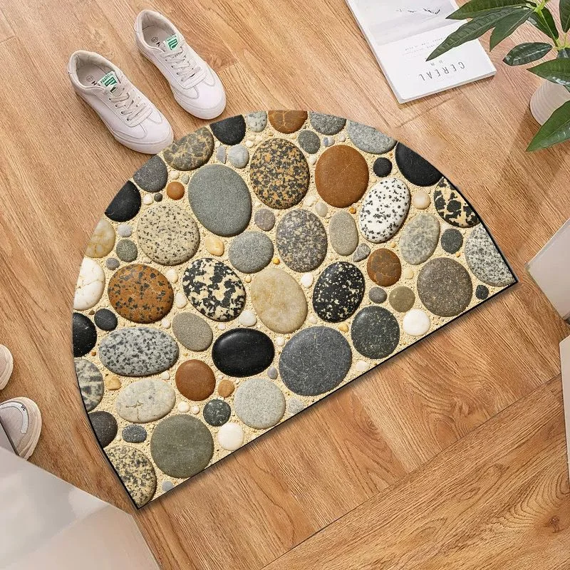 VIKAMA Speckled Mixed Pebble Half Round Bath Mat, Non‑Slip Water Absorbent Natural Stone Bathroom Floor Rug