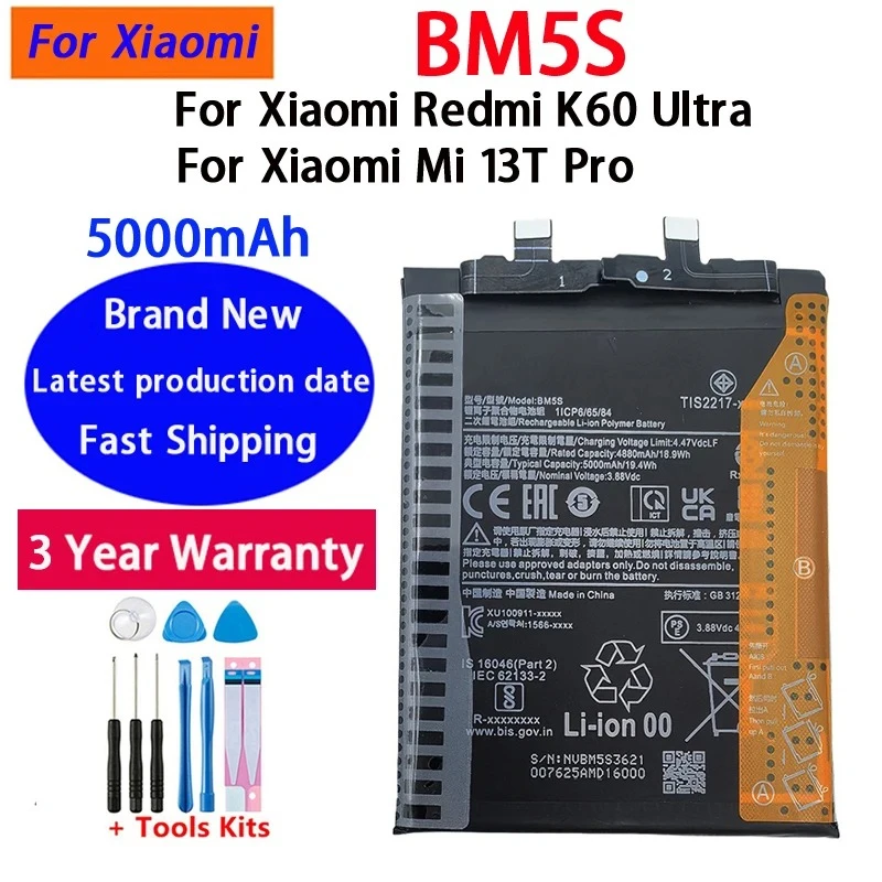 NEW High Quality 5000mAh BM5S Phone Replacement Battery For Xiaomi K60 Ultra / Mi 13T Pro Batteries Bateria Batterij+Tools