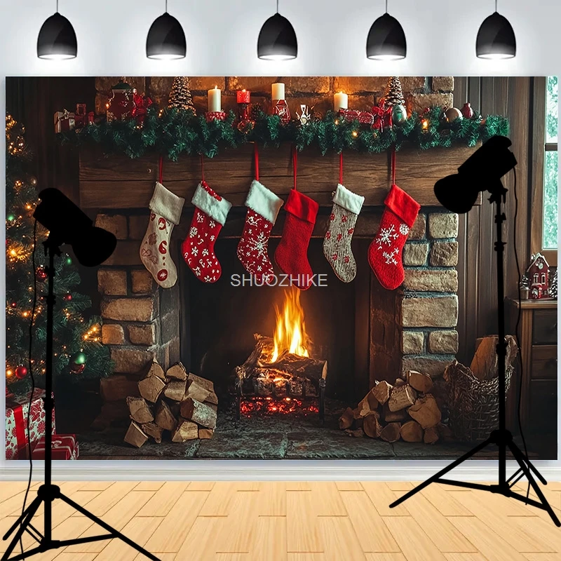 Gemütliche Weihnachtstag Szene Kamin Fotografie Hintergrund Requisiten Winter Wohnzimmer Neujahr Geschenk Urlaub Foto Hintergrund RS-07