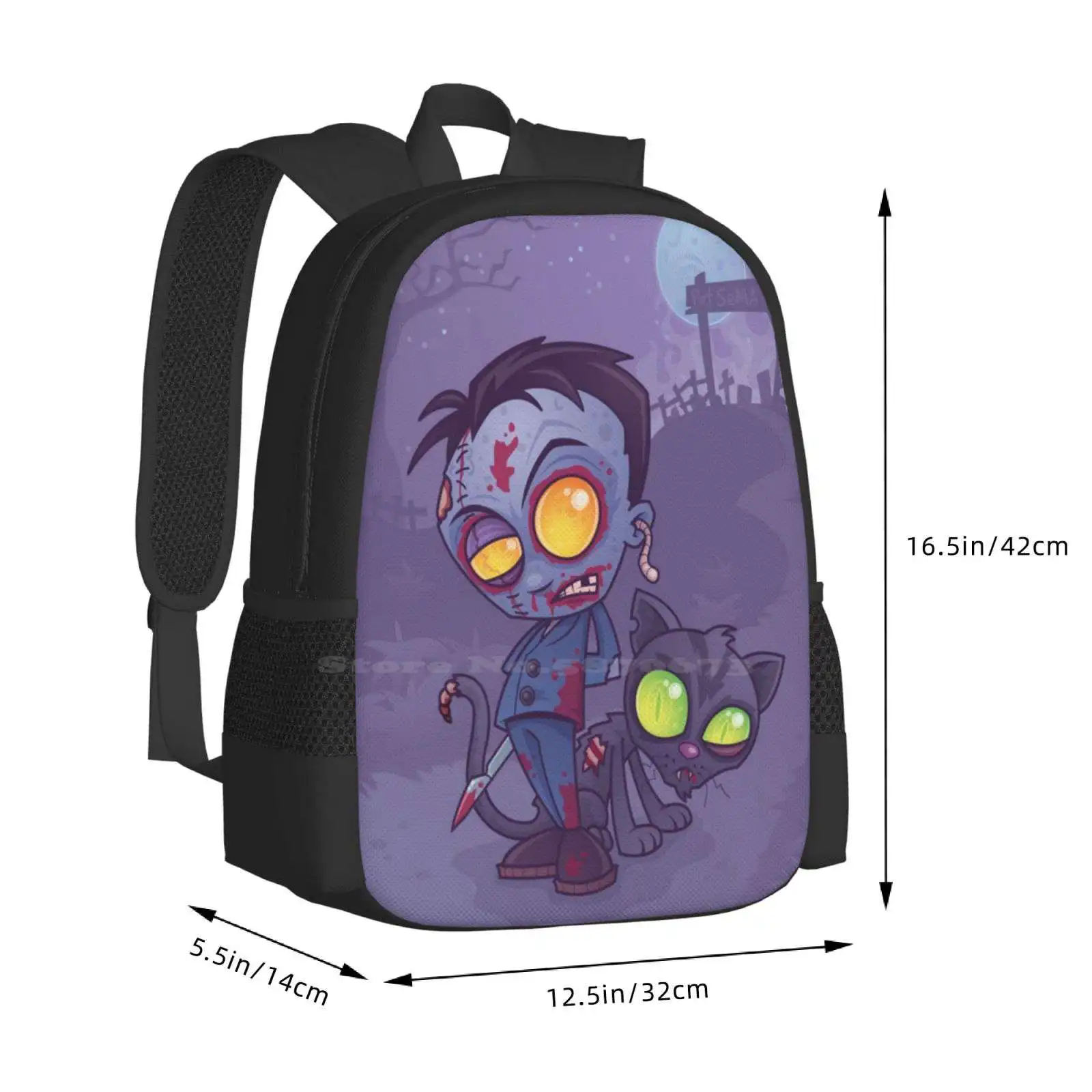 Gambar pola modis pemakaman hewan peliharaan tas ransel sekolah Laptop Travel ransel Monster seram kartun Zombie vektor hantu kucing