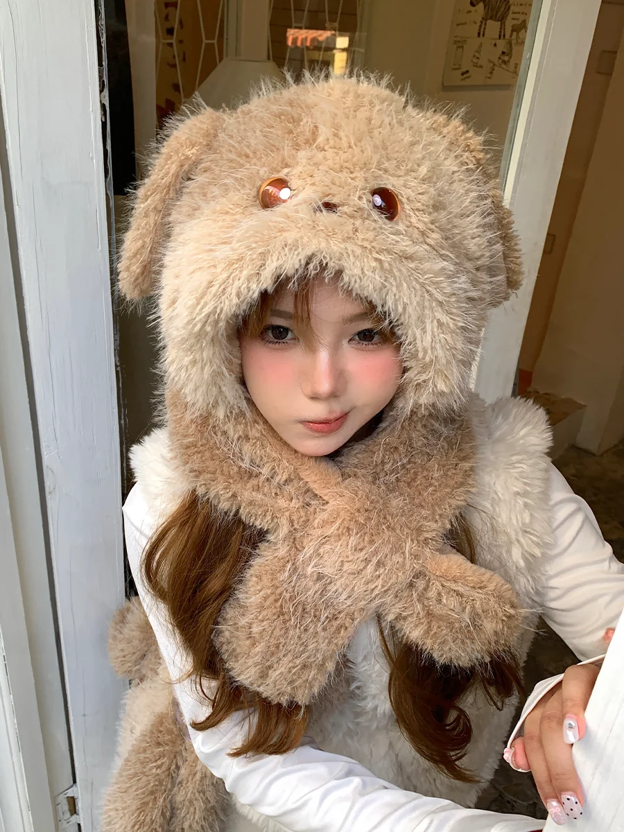 kelusiオリジナルデザイン-可愛いぬいぐるみパッチワーク犬耳保護帽子-秋冬-レディースおしゃれツーピースセット-ポリエステル繊維