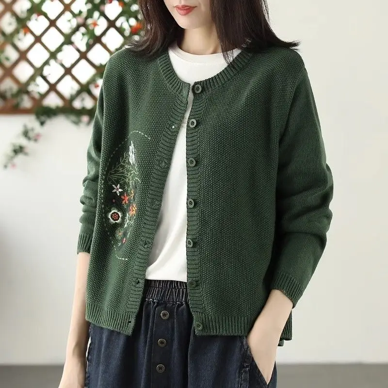 Autumn Winter Vintage Embroidery Cardigan Sweater Female Loose Casual Fashion All-match Buttons Knitting Coat Women Outwear Top