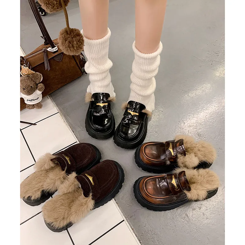 

MKKHOU Fashion Women's Shoes New High Quality Genuine Leather Round Head Rabbit Hair Thick Bottom Slippers Modern Mules Shoes