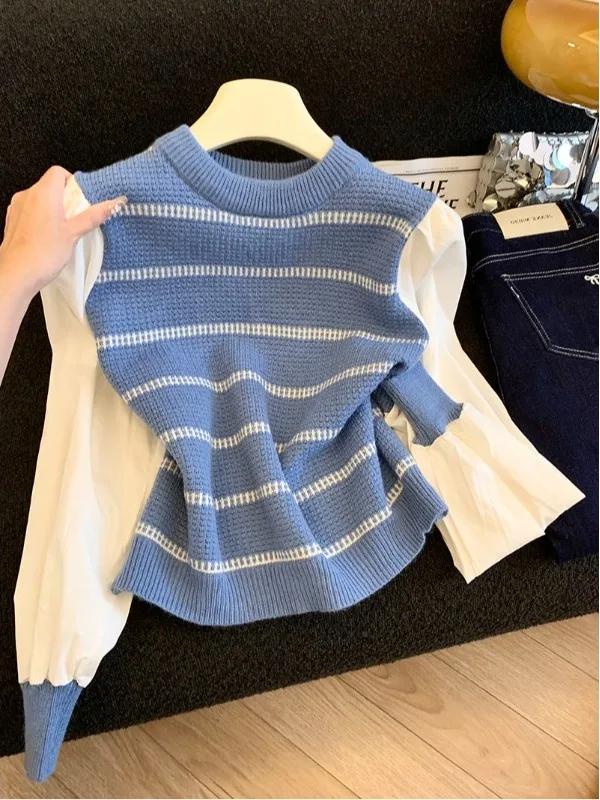 

New Women's Knitted Stripe Bubble Sve irts Soft Rell Cotton Blend Long Sve round Ne Regular Fit Spring Faion Top
