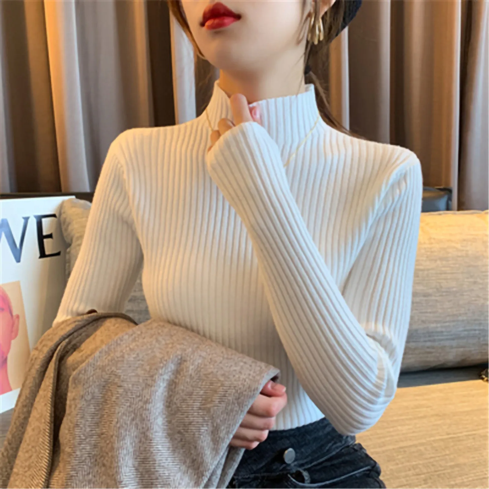 Turtleneck Sweater Women Fashion Autumn New Warm Stretch Tops Women Knitted Pullovers Long Sleeve Bottoming Knitted Sweater