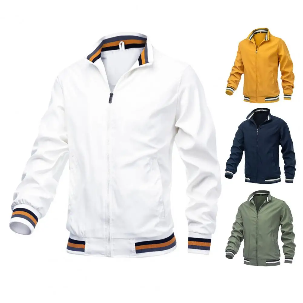 

Men Solid Color Windbreaker Comfortable Casual Jacket Men's Stand Collar Windbreaker with Side Pockets Stylish Spring Autumn