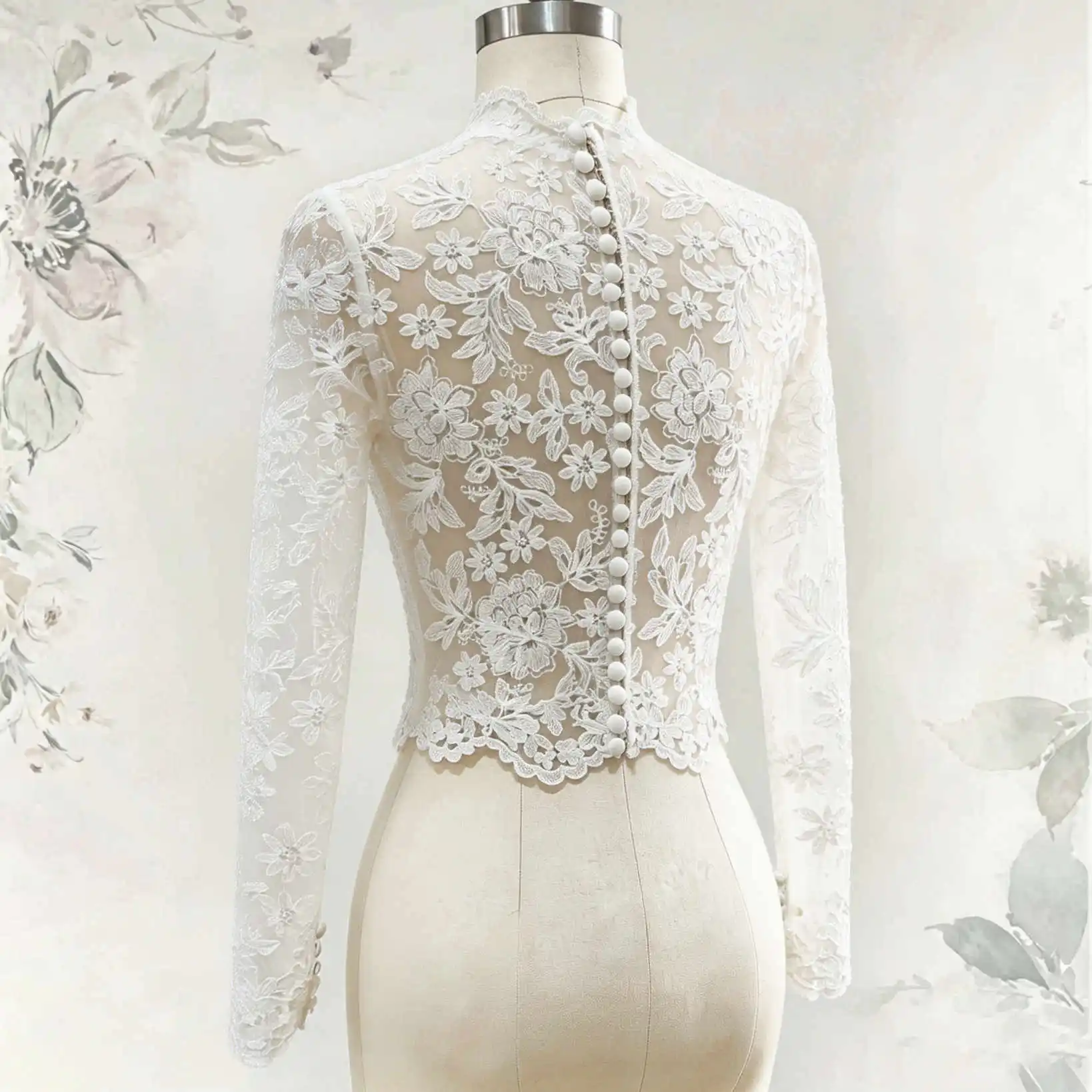 Luxury Scalloped Lace Bridal Overpiece Floral High Neck Long Sleeve Fasten Back Coverup For Rustic Nuptial Reception Customized