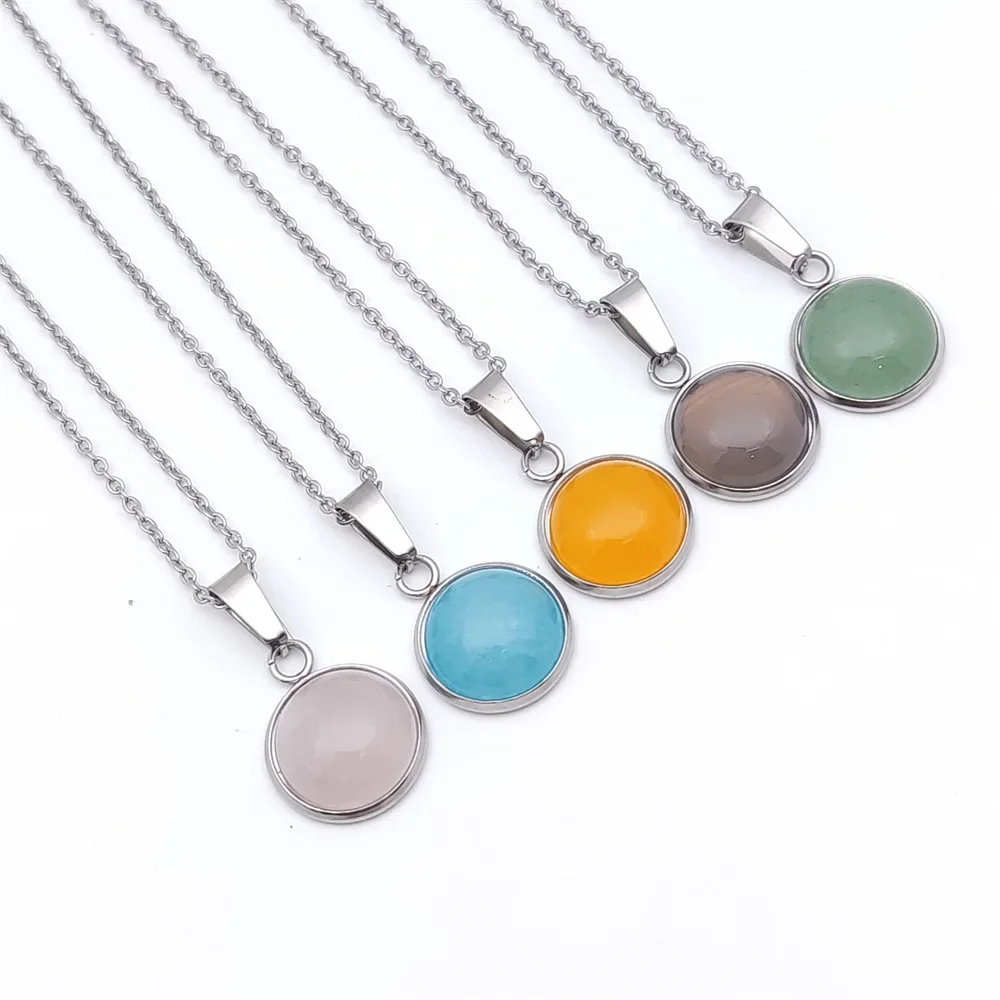 12MM Stone Pendant Stainless Steel Tiger Eye Opal Blue Rose Pink Quartz Crystal Free Chain Collar Necklace for Women Men Gift