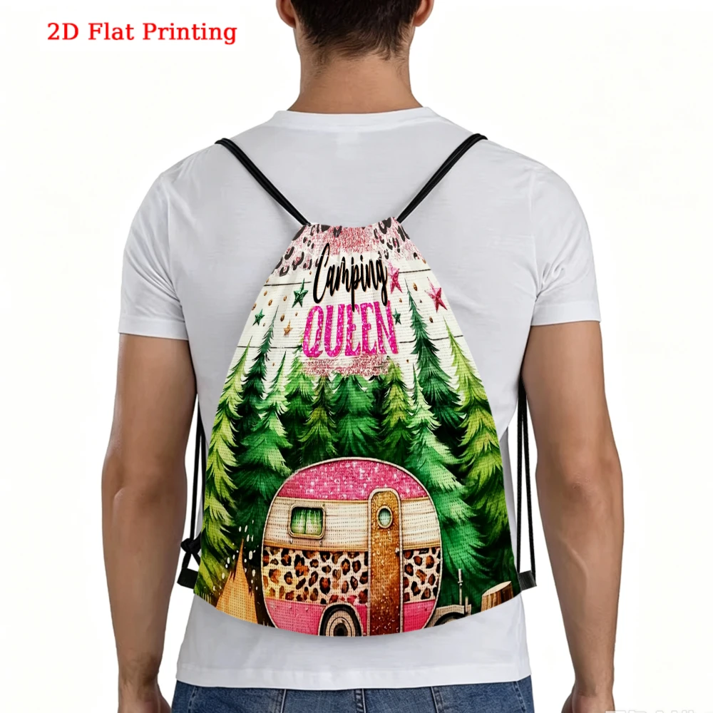 Camping Queen 2D Flat Printing Drawstring Backpack, Leopard Camper Forest Pattern Gym Sports Bag, Outdoor Travel Cinch Sack