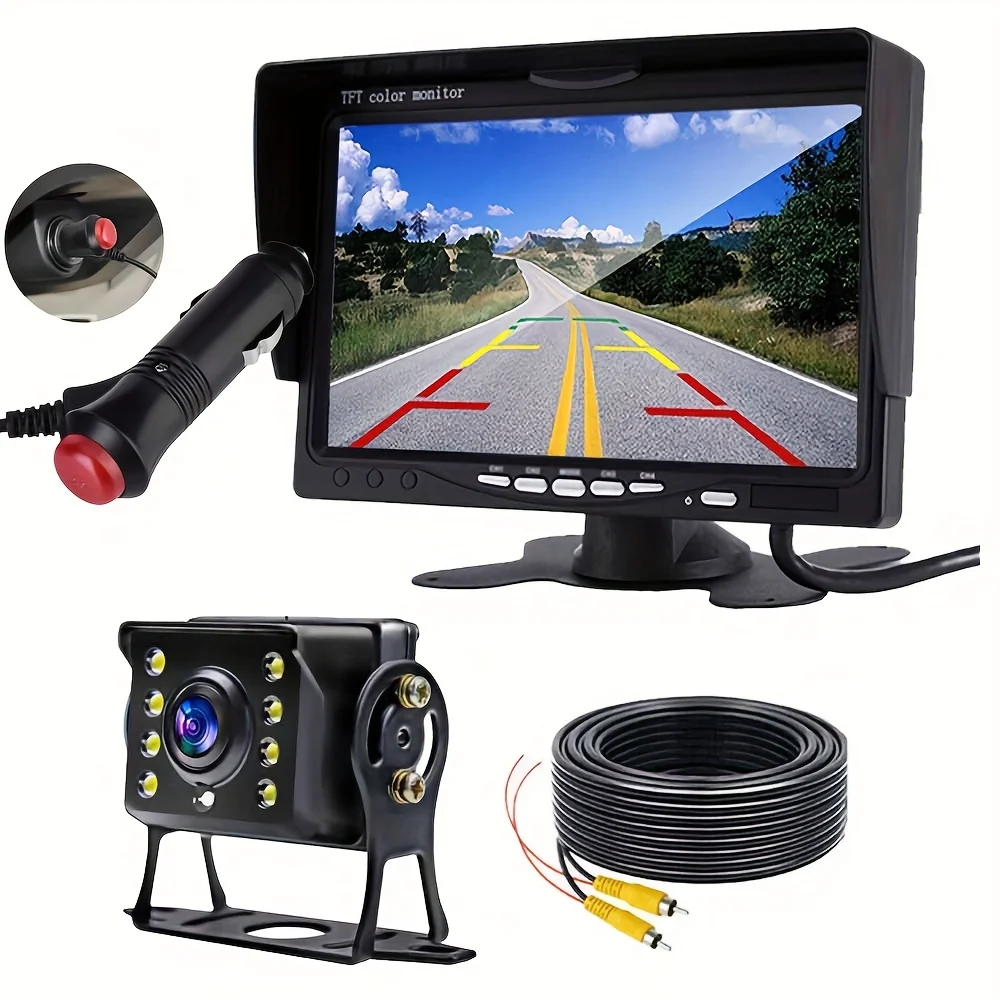 7" Monitor Heavy Duty Wired CCD 8LED Rear View Camera RCA 10M Cable Reversing Backup Camera for Motorhome Caravan Bus RV
