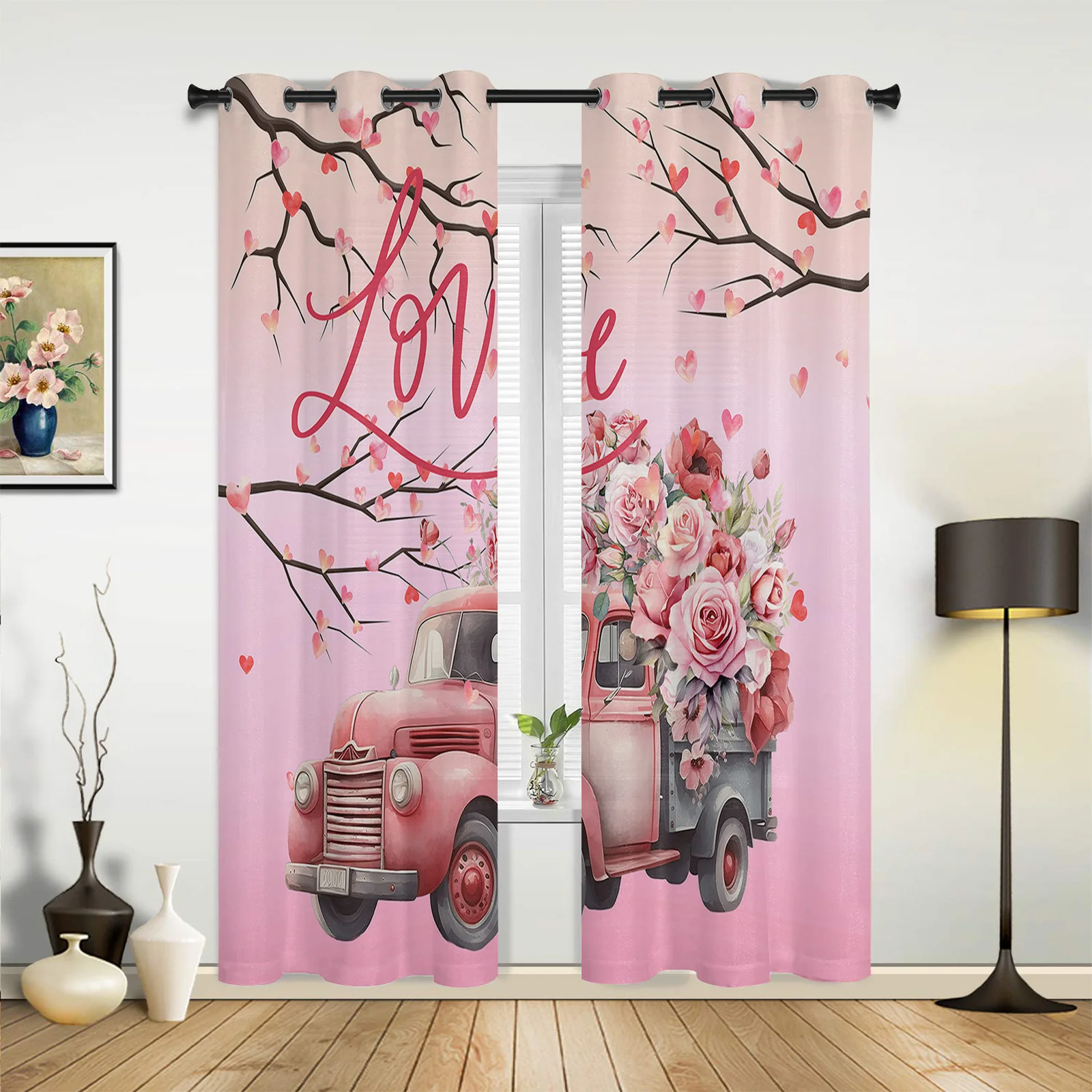 Valentine'S Day Love Truck Rose Branch Window Curtains Living Room Bedroom Screens Modern Luxury Home Decor Valance Drapes