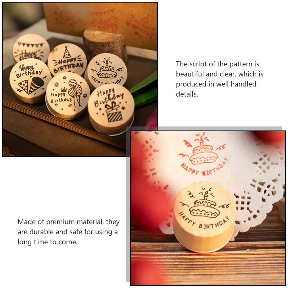 

6Pcs Creative Party Wood Stamp Set Retro Happy Birthday Round Seal DIY Scrapbook Decorative Craft Planner Diary Gift