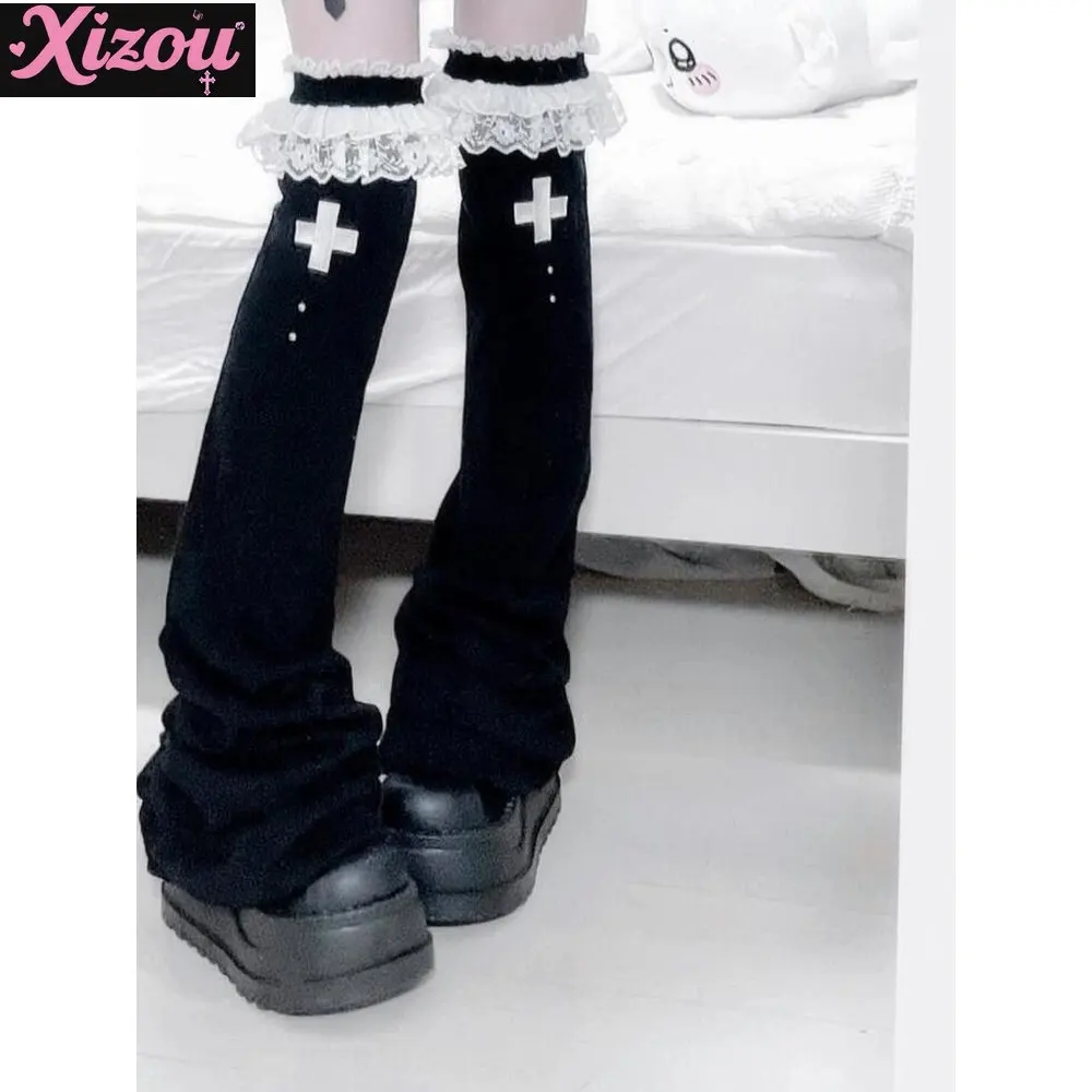 Japanese Goth Over Knee Leg Cover Y2k Black Lolita Stacking Socks Cover Subcultural Wide Leg Socks Lace Horn High Tube Leg Cover