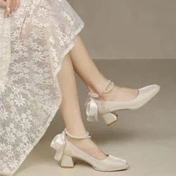 2024 New Women High Heels Silk Mary Jane Shoes Party Wedding Dress Shoe Bowknot Princess Lolita Pumps Square Toe Bridal Heels