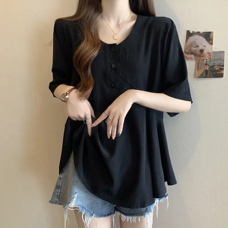 Fashion O-Neck Loose Solid Color Folds Ruffles T-Shirts Female Clothing 2024 Summer New Oversized Casual Tops Sweet Tee Shirt