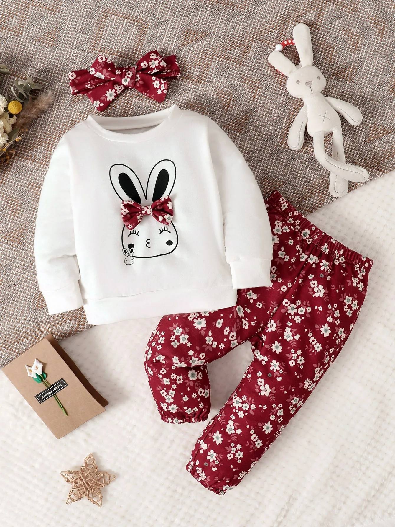 Spring And Autumn Baby Girl Rabbit Print Bow Front Pullover & Floral Print Pants & Headband