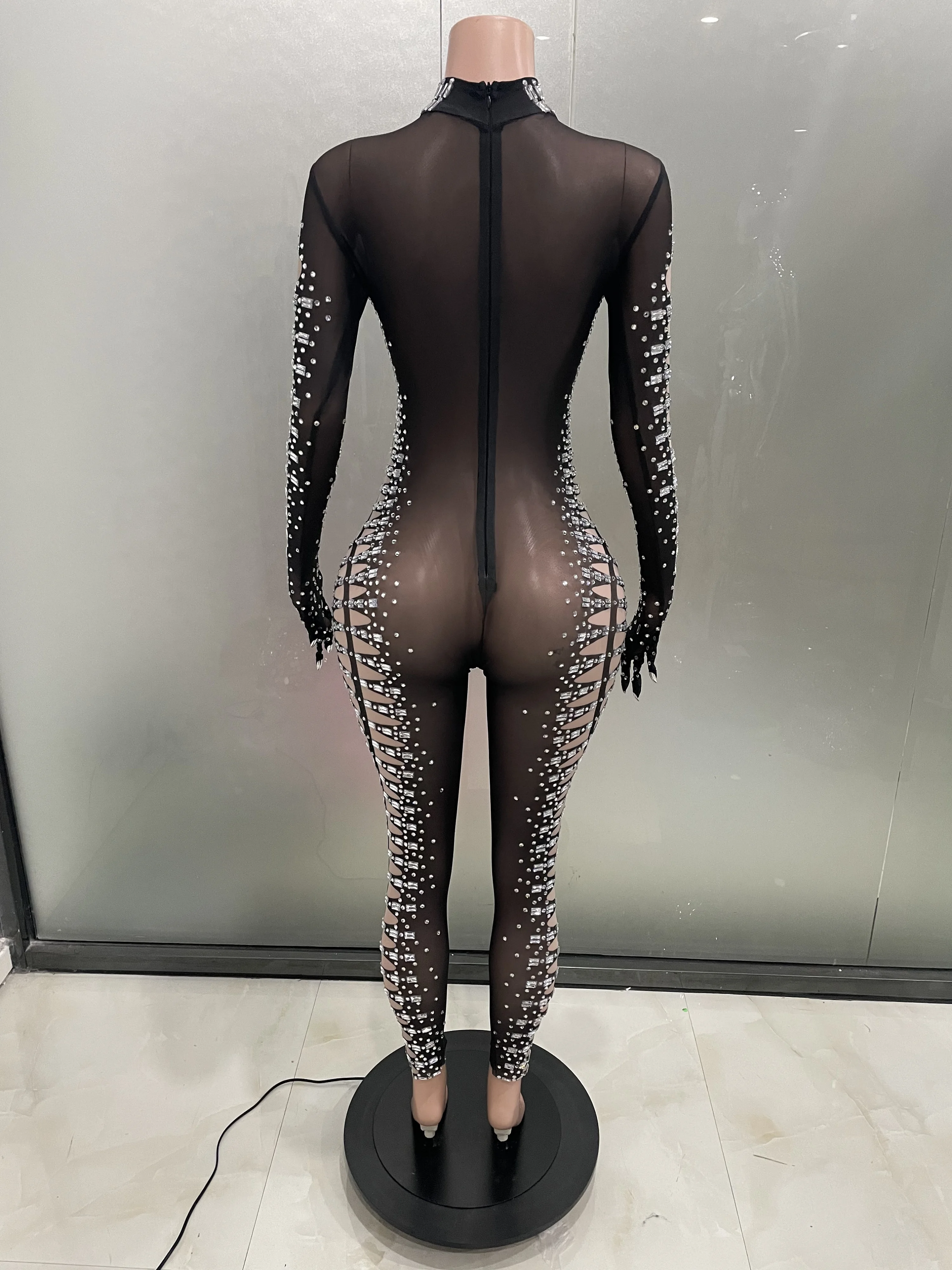 High Quality Sparkly Rhinestones Black Transparent Mesh Gloves Jumpsuit Sexy Celebrate Birthday Prom Stage Photoshoot Bodysuit