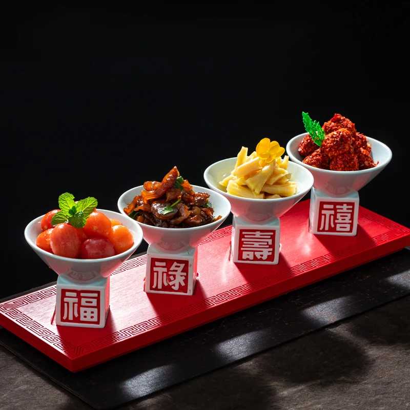 Special Cold Dish Bowl New Chinese Style Luck, Wealth, Long-Lived and Happy Four-Grid Set Cold Plate Tableware Creative