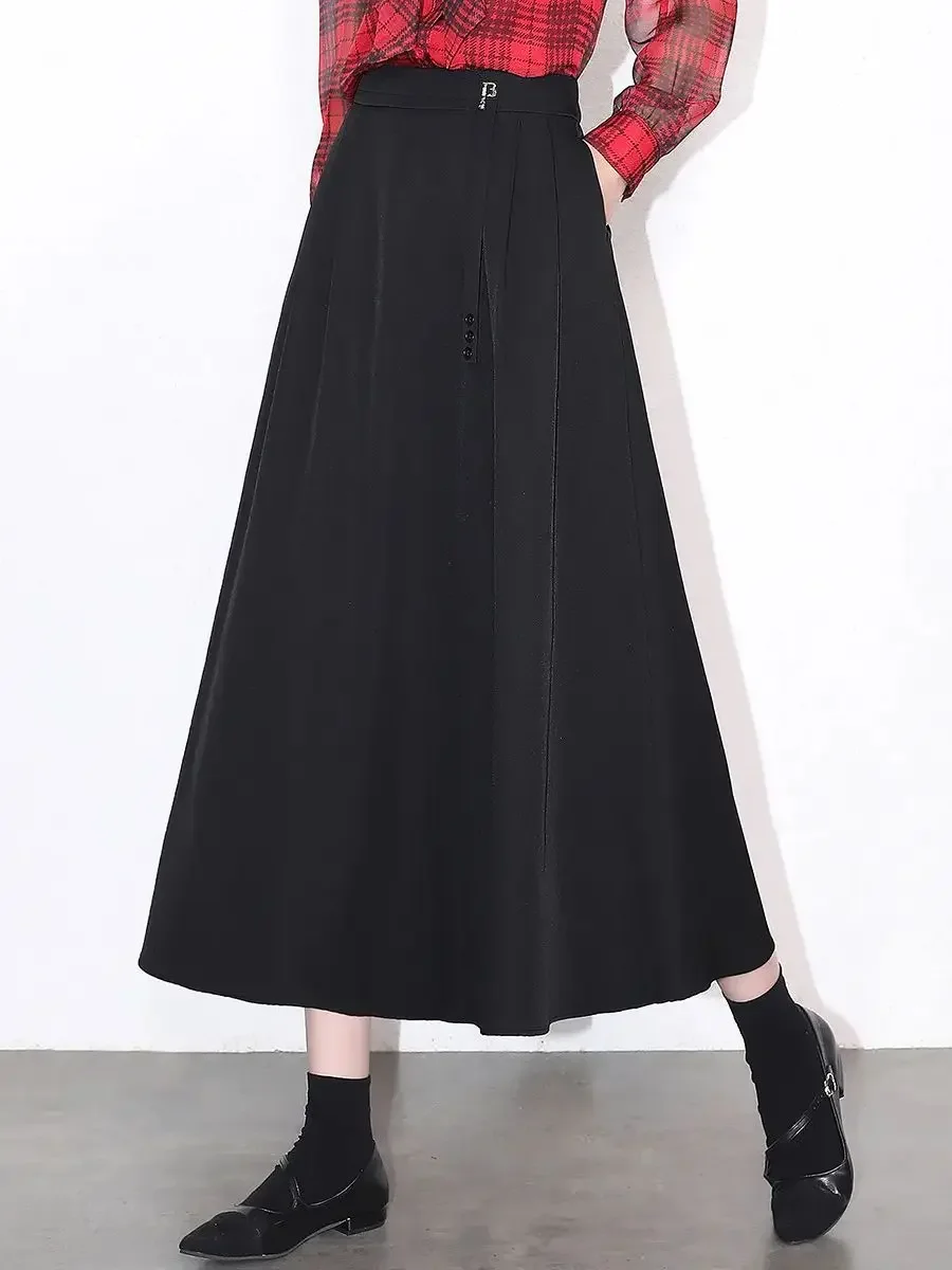 LOUSI YAO Women Skirt High Waist 2024 Spring New Office Lady Solid Color Basic Casual Fashionable A-line Long Umbrella Skirt