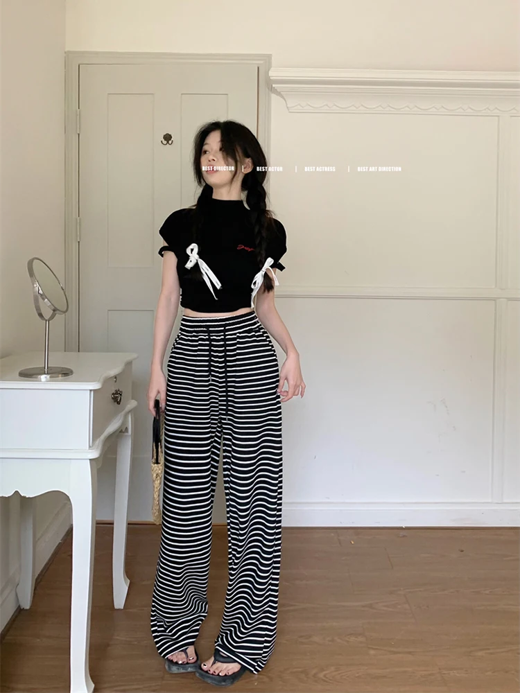 

Широкие брюки на резинке, женские летние быстросохнущие сращенные брюки стандартного кроя в стиле каваи в западном стиле, модальные завязки, пояса, струящиеся