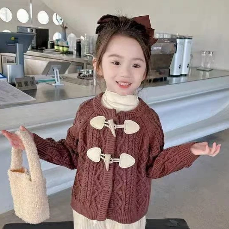 Sweater Girls' Autumn and Winter Thick Sweater 2025 New Korean Version solid color brown coat Clothing