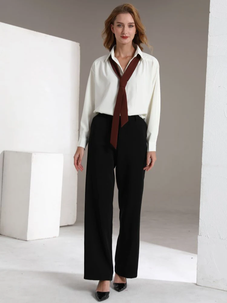 

Women White Loose Long Sleeve Shirt With Detachable Tie Elegant Office Work Wear 2026 Spring New Fashion Casual Blouse Daily Top