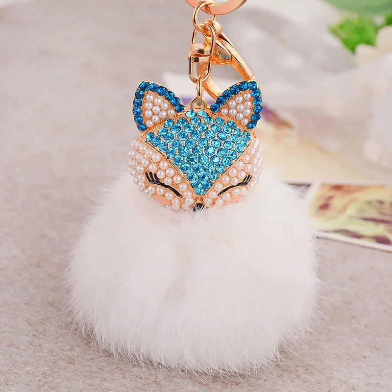 Dalaful Novelty Lovely Fox Rabbit Fur Ball Fluffy Key Chains Rings Crystal Hotsale Bag Pendant Keyrings KeyChains For Women K283