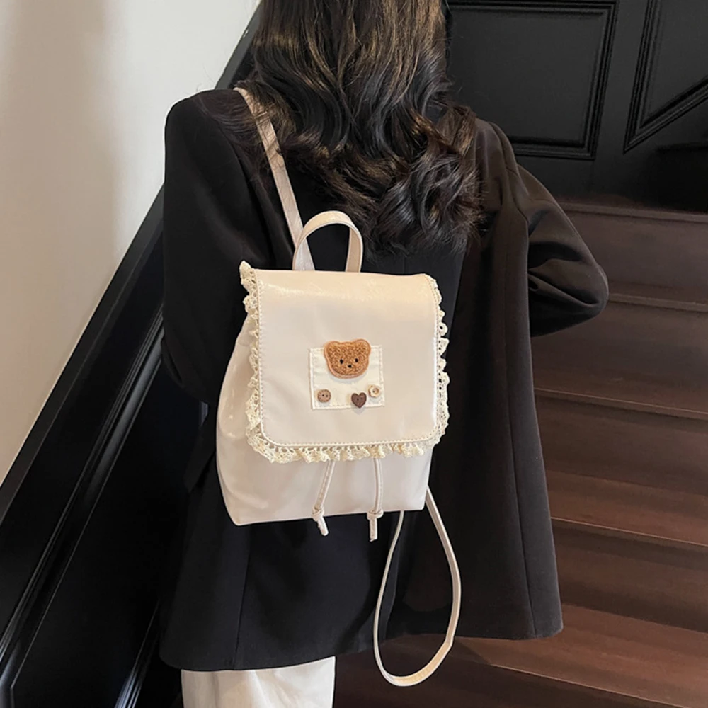 

Милый кружевной модный рюкзак с рюшами в балетном стиле, рюкзак на шнурке с верхней ручкой, повседневный рюкзак из искусственной кожи с милым медведем, дорожный рюкзак