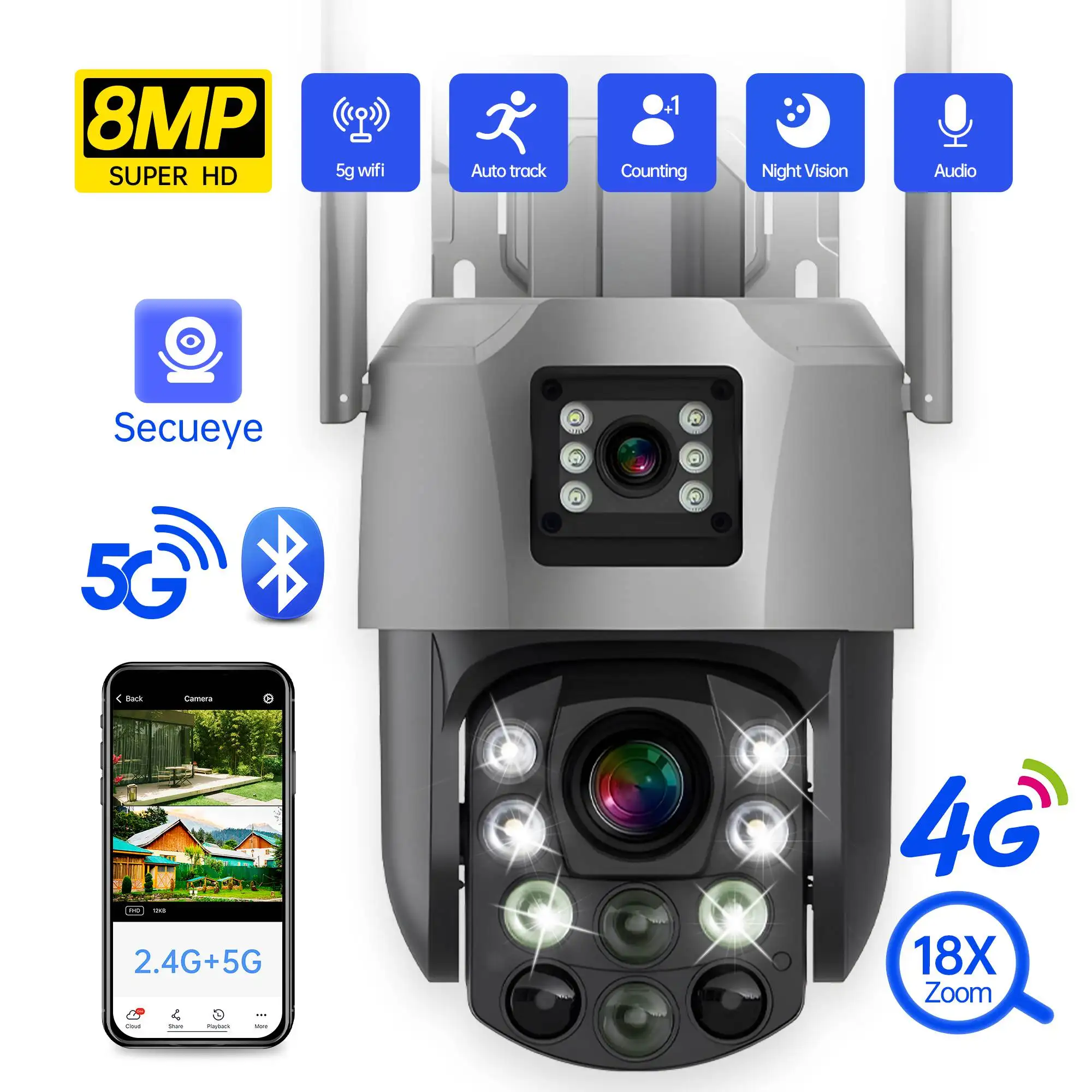 Cámara IP de seguridad para el hogar, Monitor de vigilancia CCTV con Zoom óptico de 8MP y 18x, lente Dual 4G/Wifi, detección humana a todo Color, PTZ inalámbrico