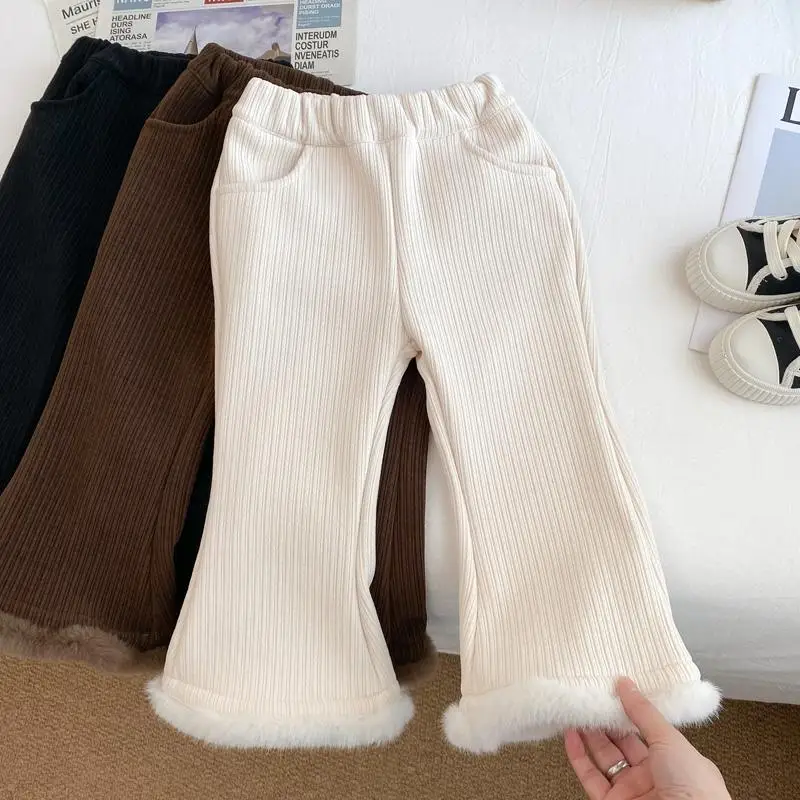 Girls Pants for Autumn and Winter New Stylish Flared Pants Children Fashionable Winter Baby Girls White Plush Pants