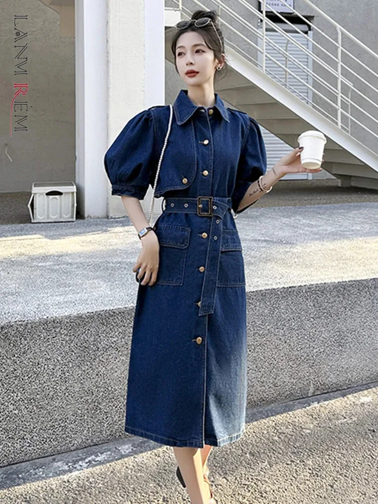 

LANMREM Fashion Denim Women's Dress Lapel Blue Puff Sleeves Single Breasted Belt Gathered Waist Dress 2024 Spring New 2AA5147