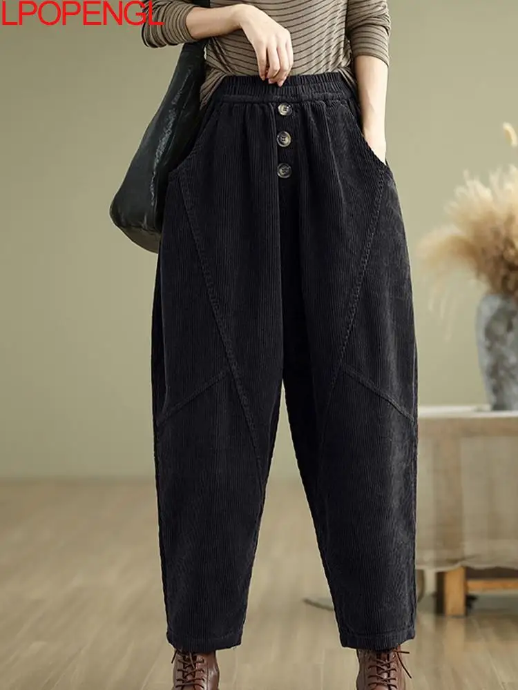 New Autumn And Winter Velvet Thickened Warmth Vintage Corduroy Casual Patchwork Button Elastic Waist Straight Loose Harem Pants