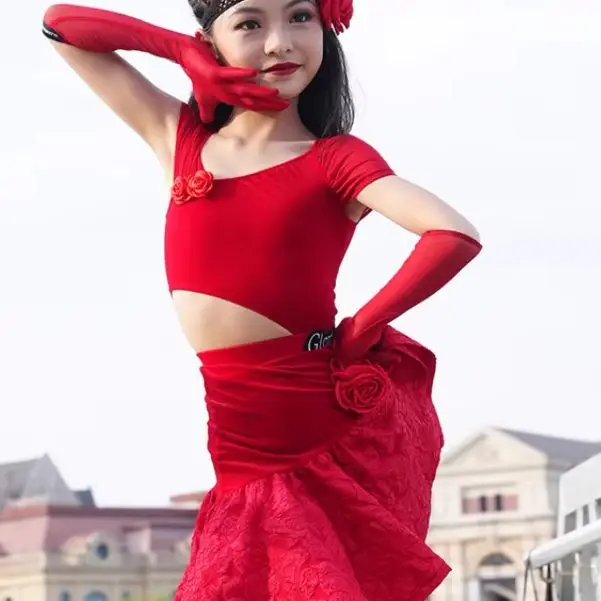 

Child girl Latin Skirt Ball Dance Competition Dress Stage Costume Dancewear Outfits Evening Girls Line Party Performance costume