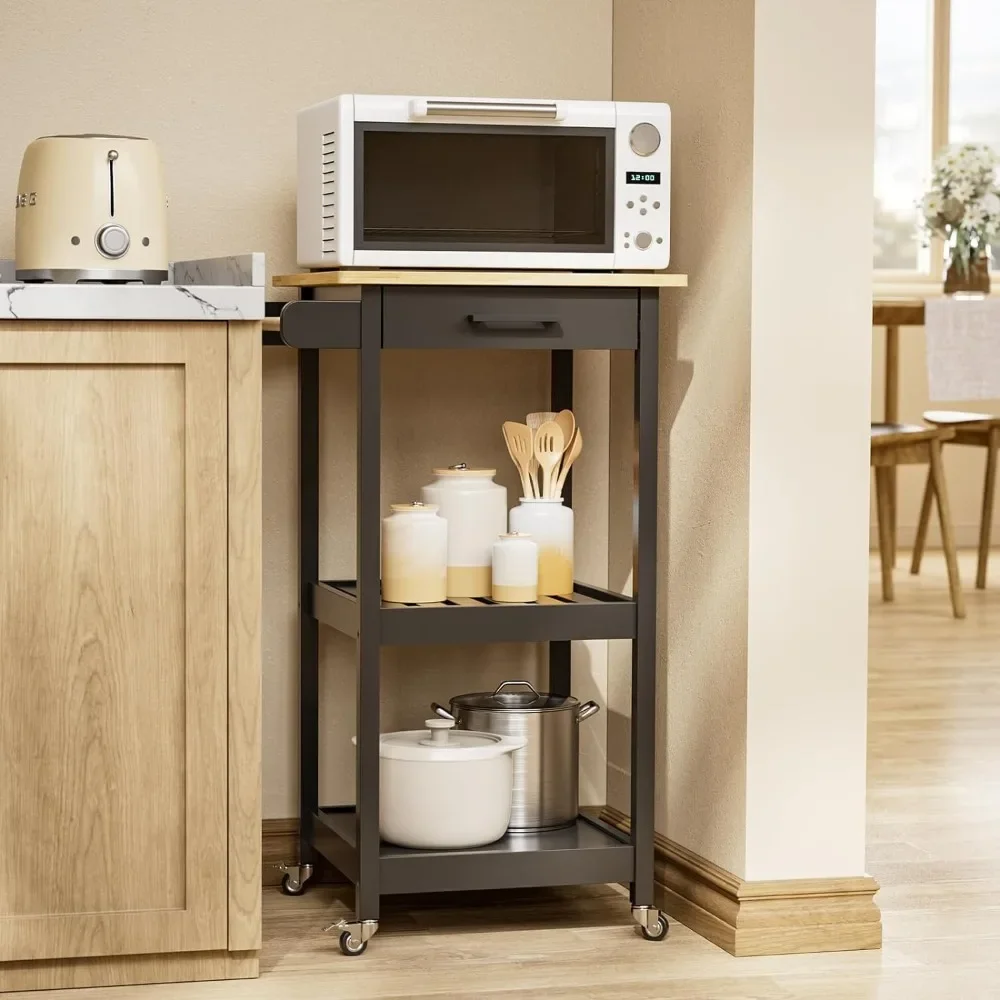 Small Kitchen Island with Top Drawer, Mobile Rolling Cart on Metal Wheels with 2 Open Shelf, 3 Side Hooks, Wine Rack for