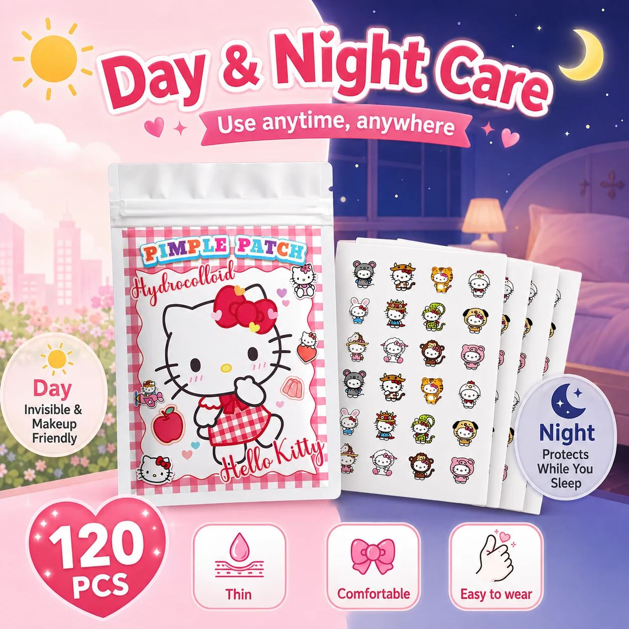 120PCS hello kitty Acne patches, facial acne patches, hydrogel acne removal patches, concealer view 6