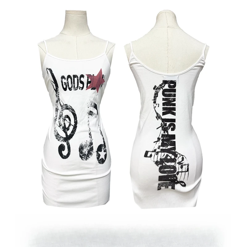 التصميم الأصلي الأبيض الموسيقى ملاحظة طباعة التخسيس المرأة فستان بكتافة 2025 صيف جديد رقيقة مثير بلا أكمام فساتين قصيرة السيدات