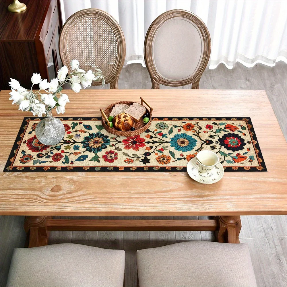 Polyester Floral Table Runner Vintage Pattern Colorful Flower Design Ethnic Style Dining Decor Elegant Party Accent Durable