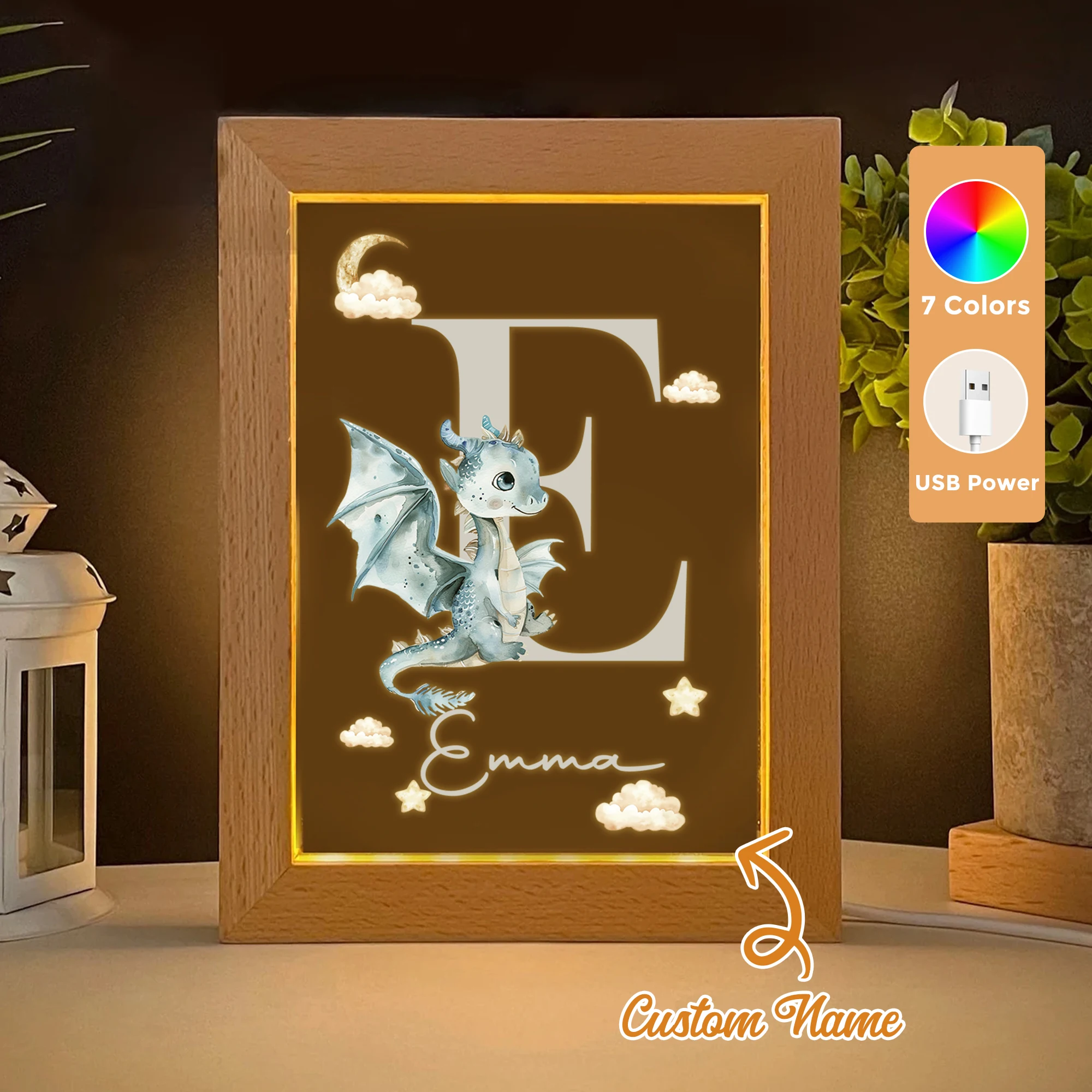 

2D Flat Custom Name Blue Dinosaur LED Acrylic Night Light Wood Photo Frame 21x17cm Cartoon Children Bedroom Gifts Home Decor