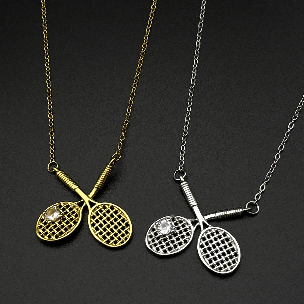 Tennis Racket Hiphop Pendant Necklace  Women Men Stainless Steel Gold Color Rhinestone Sports Personalized Accessories Jewelry