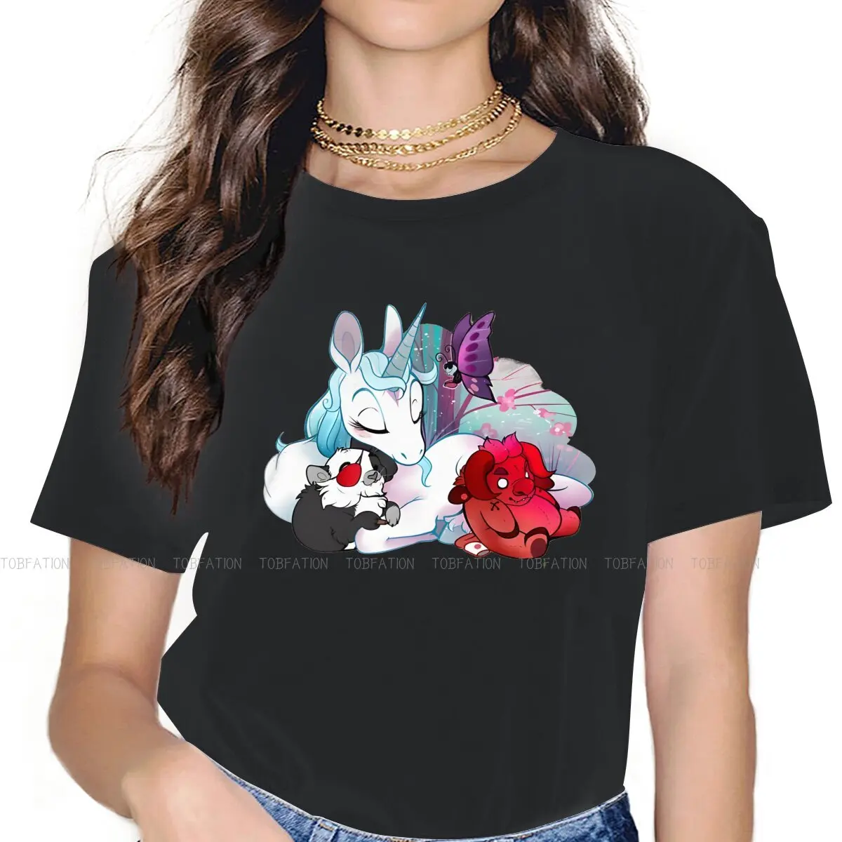 Sleeping O Neck TShirt Cute Unicorn Cartoon Pure Cotton Basic T Shirt Girl Tops 4XL Fluffy