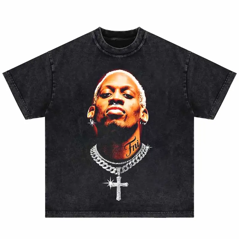 Hip Hop Men\'s Tops Portrait Graphic Printed T-Shirt Vintage Cotton Streetwear Oversized Dennis Rodman Tshirt Casual Men Tees