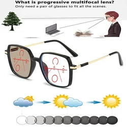 Clara Vida Fashion Square Ultra-light Oversized Comfortable Photochromic Progressive Multifocal Reading Glasses +0.75 To +4