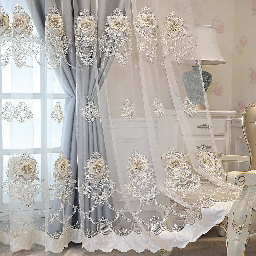 

European Embroidered Curtains for Living Room Bedroom Window Blackout Screens Luxury Grand Atmospheric Relief Decor White Tulle