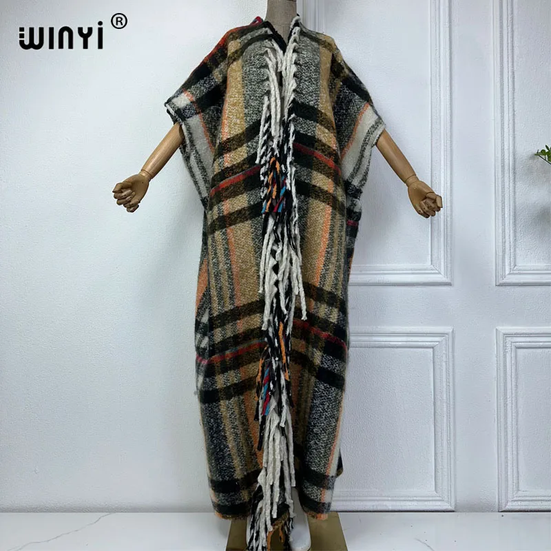 WINYI winter coat for women Africa Plaid print tassels Luxury Long Fur Loose OverCoat Thick Warm long down coat fashion cardigan