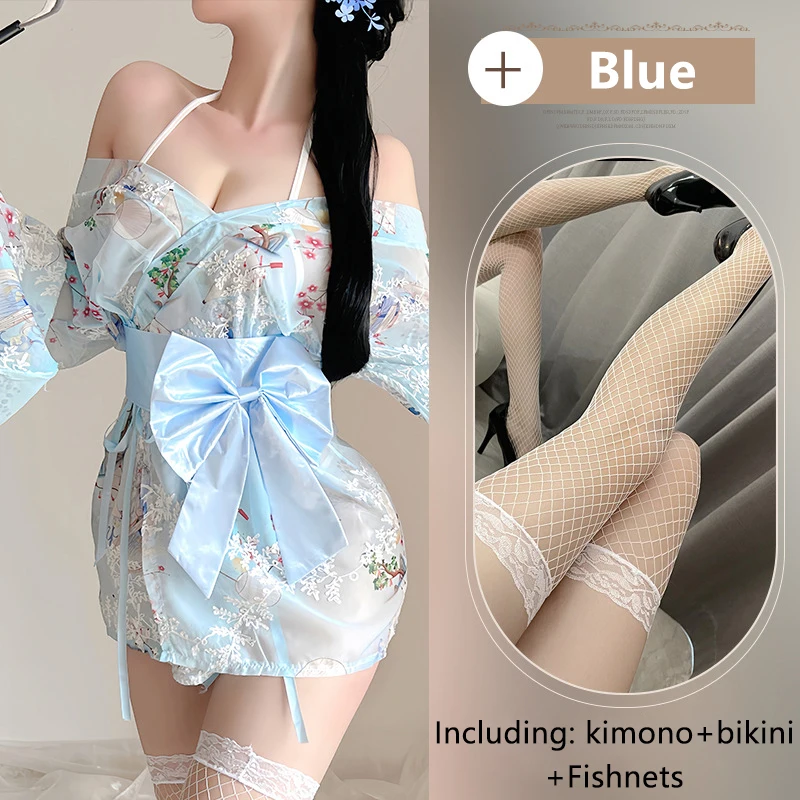 Erotic Women\'s Kimono Bikini Uniform Fishnets Set Sexy Embroidered Mesh Transparent Dancer Pajamas Chiffon Bow Waistband Kimono