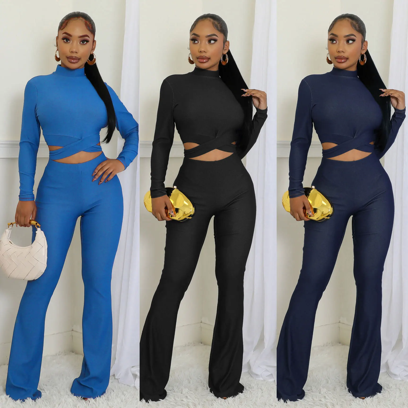 

Bandag Solid Tops 2 Piece Pant Set Outfits Women 2024 Autumn Winter Clothes Sexy Elegant Club Wear Bodycon Two Piece Sets