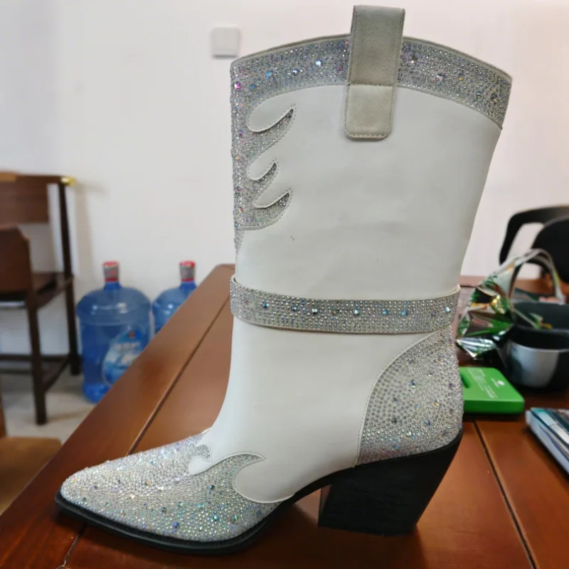 

Shiny Rhinestone Metal Buckle Chunky Boots Women Leather Pointed Toe Slip On Ankle Boots Lady Fashion Party Prom Western Shoes