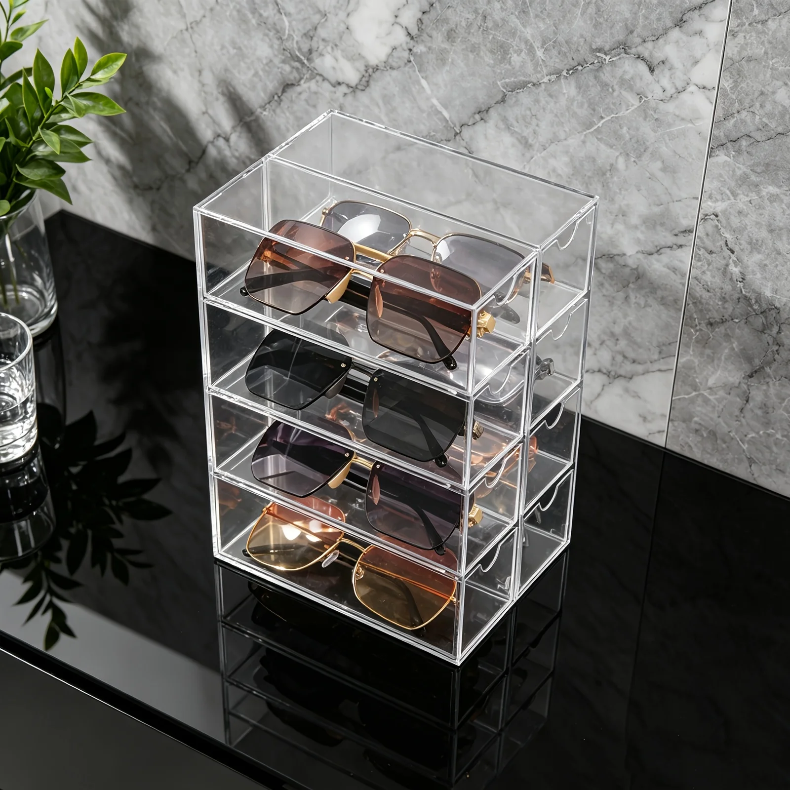 Sunglass Storage Box Desk Eyeglass Organizer Make-up Storage Drawer Tray Jewelry 4-Layer Transparent Visual Sunglasses Case